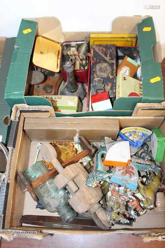 Two boxes of sundries, to include metalware, wooden clamp, p...