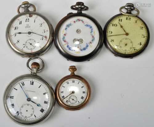 Five various nickel and gold plated pocket watches, all havi...