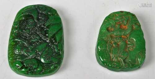 A Chinese faux spinach jade carved tablet, 60 x 42mm; and on...