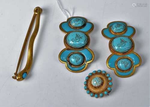 A pair of gilt metal and turquoise set shoe buckles; togethe...