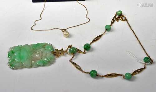 A Chinese carved celadon jade pendant, on gilt metal neck ch...