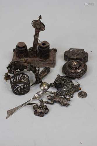 Assorted white metal and filigree wares to include ink stand...