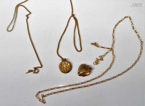 A modern 9ct gold heart shaped locket, on finelink neck chai...