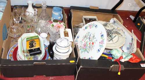 Two boxes of various glassware and ceramics to include an Ay...