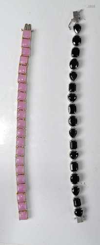 A 9ct gold and cabochon pink jade set bracelet, 18cm; togeth...