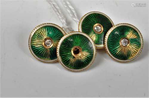 A pair of 18ct gold, guilloche green enamel and diamond set ...