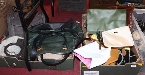 Two boxes of various ladies handbags