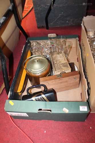 A box of miscellaneous items to include an oak tobacco jar, ...