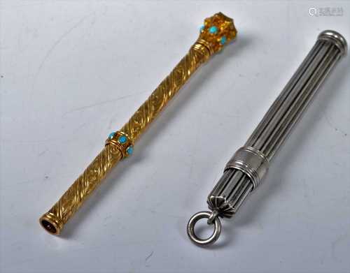 A late Victorian gilt metal and turquoise mounted propelling...