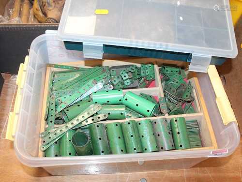 A box containing various Meccano