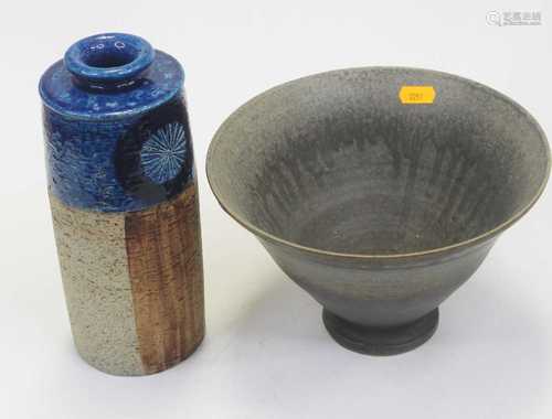 A Swedish stoneware vase, of cylindrical form, with blue gla...