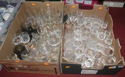 Two boxes of miscellaneous glassware, to include wine hocks,...