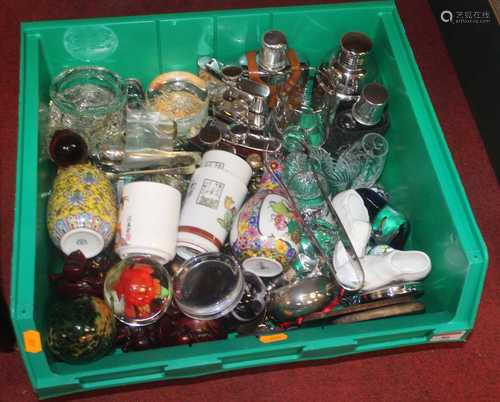 A box of miscellaneous items, to include cocktail shaker, po...