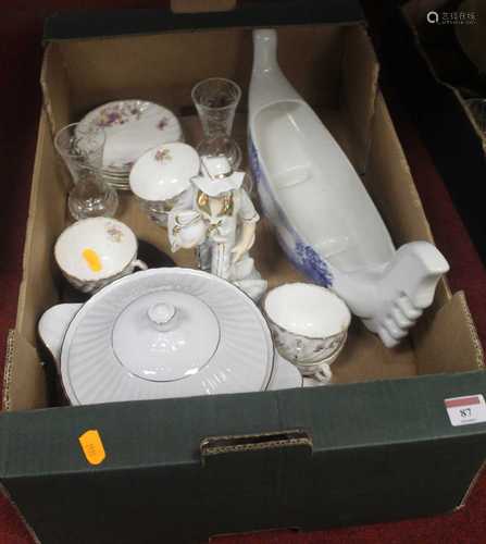 A box of china and glassware, to include Continental porcela...