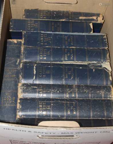 Three boxes of leatherbound volumes of Games and Toys magazi...