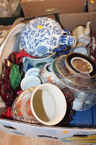 A box of various ceramics to include a Japanese Satsuma vase