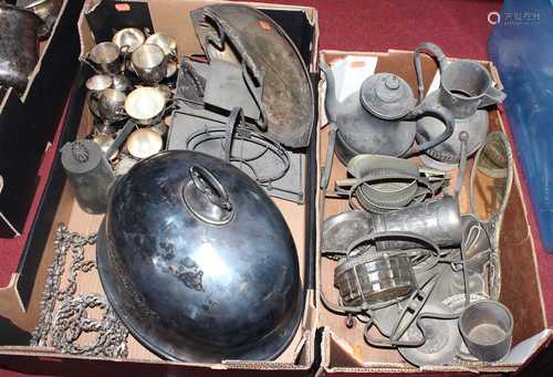 Two boxes of miscellaneous metalware, to include an early 20...