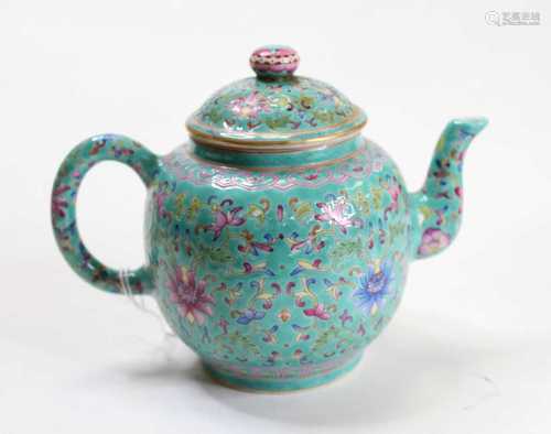 A Chinese export teapot, of bullet form, enamel decorated wi...