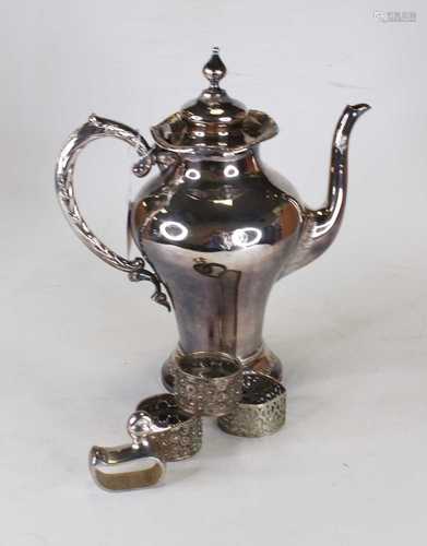 A silver plated coffee pot; together with a pair of white me...