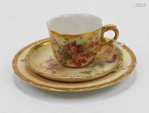 A late Victorian Royal Worcester matched trio, on a blush iv...