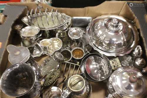 A box of miscellaneous silver plated wares to include includ...