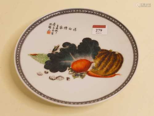 A Chinese export plate enamel decorated with vegetables, wit...