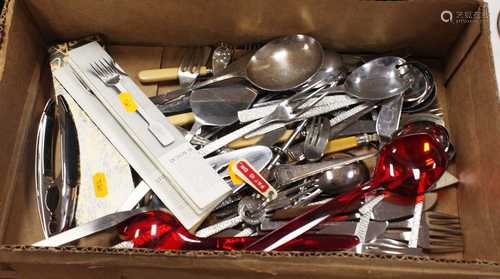 A box of loose steel and plastic flatwares, nutcrackers etc