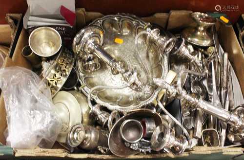 A box of miscellaneous metalware, to include pair of silver ...