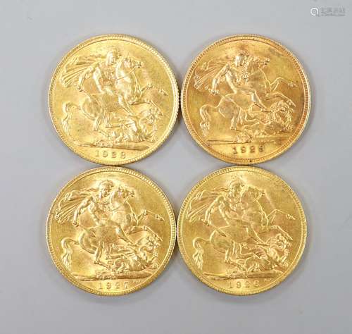 Four George V gold sovereigns, 1926, 1927, 1928 and 1929