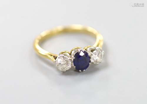 An 18ct & plat, sapphire and diamond three stone ring, size ...