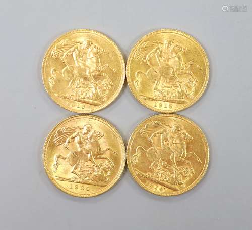 Four George V gold sovereigns, 1913 (2), 1914, and 1930