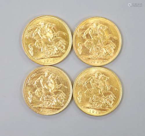 Four George V gold sovereigns, 1913, 1917, 1918 and 1921