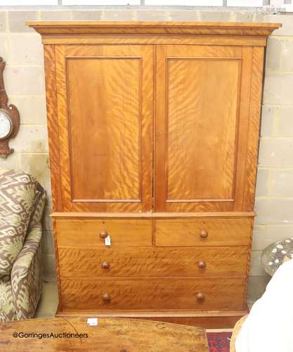 A Victorian satin birch linen press, width 137cm depth 57cm ...