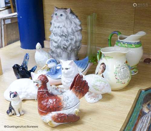 Two Crown Devon musical jugs and various pottery animals inc...