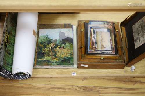 A 20th century oak cased artists’ box (A/F) together with el...