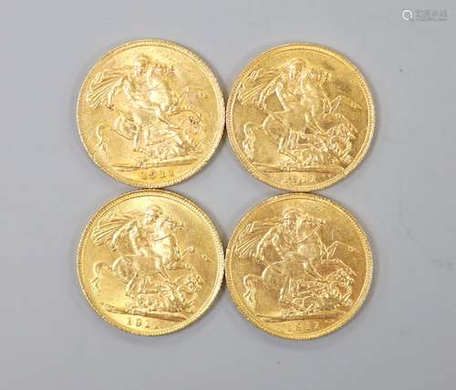 Four George V gold sovereigns, all 1911