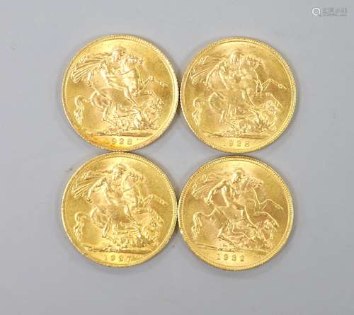 Four George V gold sovereigns, 1927, 1928 (2) and 1932