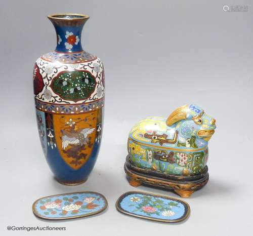 A Japanese cloisonne enamel vase, two similar dishes and a 2...