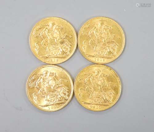 Four George V gold sovereigns, 1911, 1912, 1913 and 1915