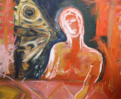 Skye Holland, oil on canvas, Figure and butterfly wings, sig...