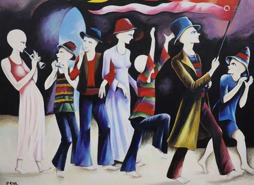 P. Kor, oil on canvas, Procession of figures, signed, 76 x 1...