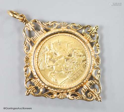 A George V 1912 gold sovereign, in a modern 9ct gold pendant...