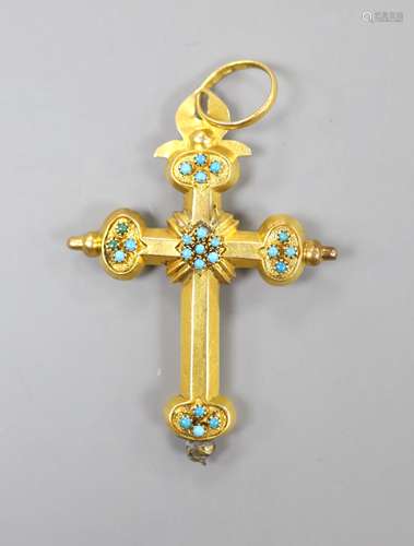 A Victorian hollow yellow metal and turquoise set cross pend...