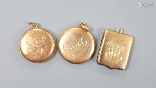 Three early 20th century yellow metal lockets, one stamped 9...