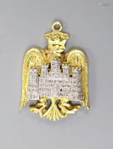 A 14ct, plat and diamond chip set 'eagle and castle' pendant...