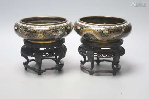 A pair of Chinese cloisonne enamel small 'dragon' bowls, woo...