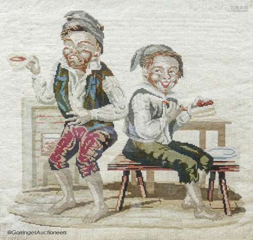 A Victorian petit-point needlework picture of two playful yo...