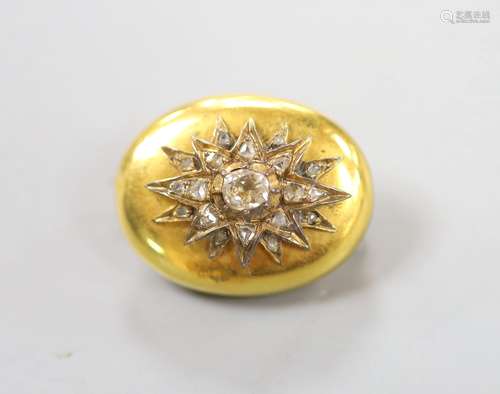 A Victorian yellow metal, oval and rose cut diamond set oval...