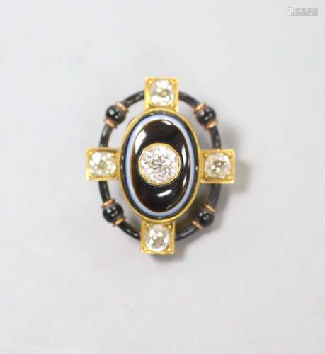 A Victorian yellow metal, banded agate, diamond and black en...