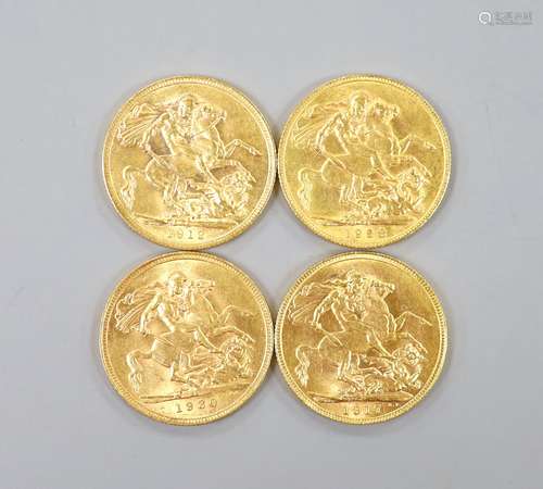 Four George V gold sovereigns, 1912, 1917, 1928 and 1930